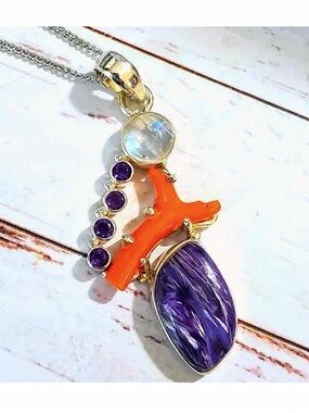Siberian Charoite & Coral Sterling Pendent
